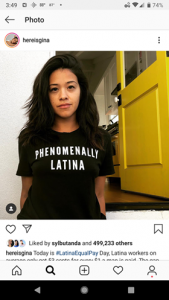 Gina Rodriguez's instagram photo featuring her wearing a black t-shirt which reads "Phenomenally Latina"