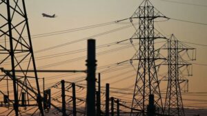 Dozens of power lines connected to pylons